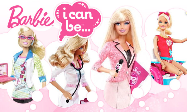 Barbie as a doctor,reporter,life guard and computer technician with the quote barbie I can be 